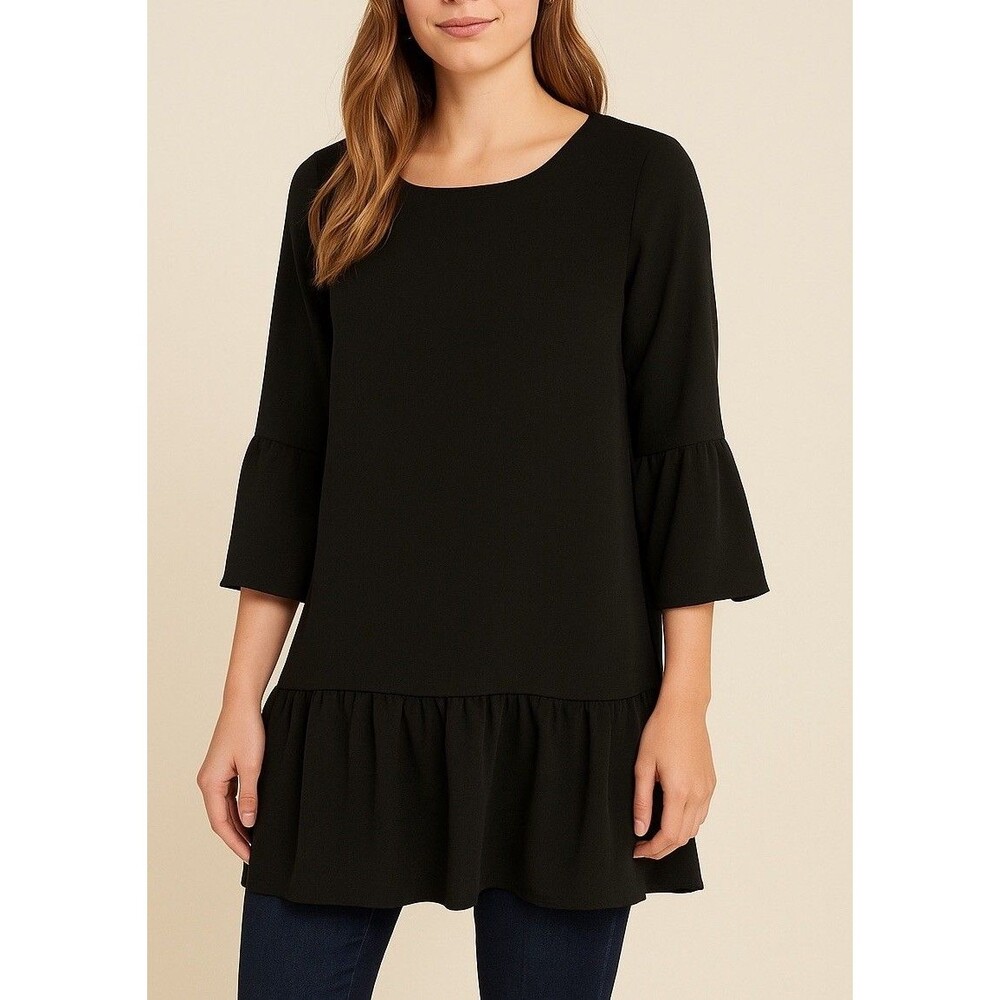 Pleione Anthropology Black Peplum Ruffle Hem 3/4 Bell Sleeve Shirt Top Women’s M